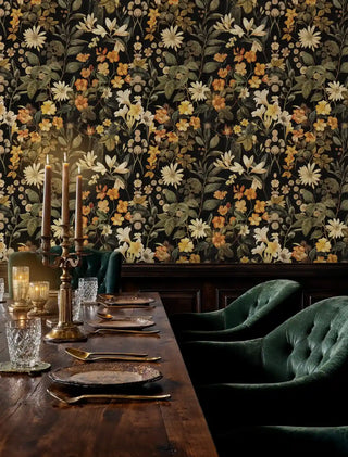 Vintage botanical wallpaper with orange and white florals on black, in formal dining room with crystal chandelier