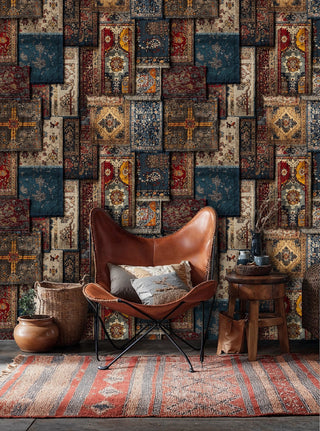 vintage carpet patchwork wallpaper with intricate patterns in navy and burgundy, shown in living room with leather chair