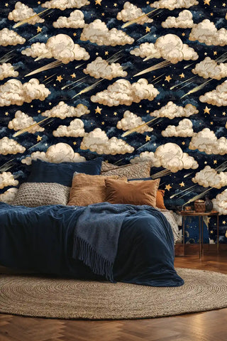 vintage celestial wallpaper with golden clouds in cozy bedroom with layered textiles and round rug