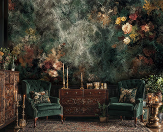 Vintage floral abstract wallpaper with weathered green backdrop and colorful blooms in elegant living room with velvet chairs