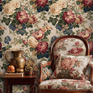 Vintage floral wallpaper featuring burgundy peonies and cream roses on beige, shown in traditional living room with mahogany furniture