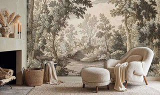 Vintage horse scene wall mural in warm tones, featured in cozy reading nook with curved chair