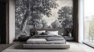 Vintage landscape wall mural depicting pastoral scene with wooden gate, showcased in contemporary bedroom setting