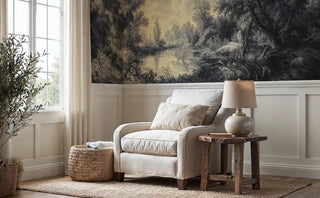 Vintage landscape wall mural with river and trees in elegant dining room with cane chairs