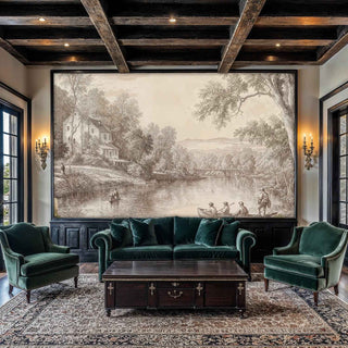 Vintage landscape wallpaper with manor and trees, displayed in refined study with emerald velvet furniture