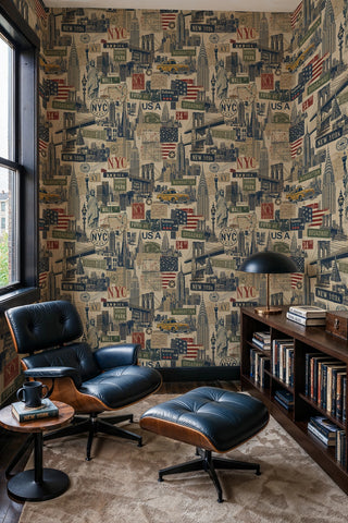 Vintage New York collage wallpaper with Statue of Liberty in a reading nook with Eames lounge chair