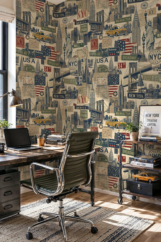 Vintage Nyc Collage Wallpaper Featuring Subway Signs And Bridges Displayed In A Modern Home Office With A Model Taxi On Shelf Rvsp 3030 7