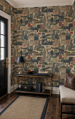 Vintage NYC landmark wallpaper with bridges and flags on beige, displayed in a classic entryway with a gold console table
