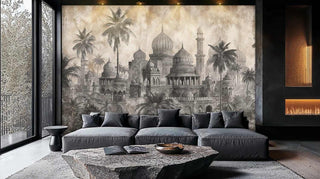 Vintage palace landscape wallpaper featuring domes and tropical vegetation, shown in modern living room with gray sofa