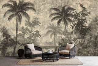 Vintage palm tree wall mural in aged sepia tones, showcased with modern wicker chairs and coffee table