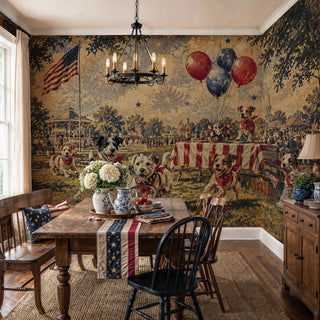 Vintage patriotic dogs wall mural with gazebo and picnic scene, in a farmhouse dining room with iron chandelier