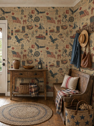 Vintage patriotic wallpaper with flags and folk motifs on parchment, in an entryway with wooden bench