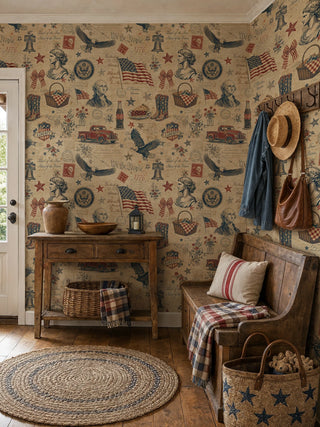 Vintage patriotic wallpaper with liberty bells, stamps, and red trucks, in a rustic entryway with wooden bench and straw hat