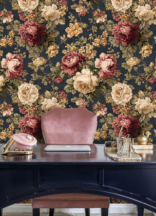 vintage peony wallpaper in navy and cream tones, featured in sophisticated office with pink chair