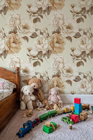 Vintage peony wallpaper in neutral tones, shown in children's playroom with wooden toys and teddy bears