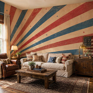 Vintage red blue cream sunburst wall mural with stars in a cozy living room with linen sofa and rustic coffee table