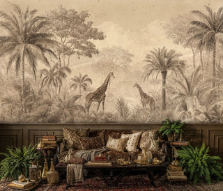 Vintage safari wallpaper featuring two giraffes among tropical palms, shown in elegant dark study with ornate furniture