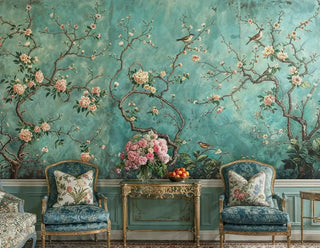 Vintage-style bird and floral wall mural on jade ground, in formal sitting area with ornate console table