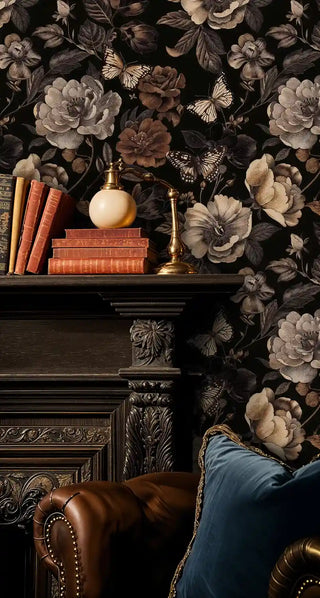 Vintage-style butterfly floral wallpaper in brown and beige, displayed in study with ornate furniture