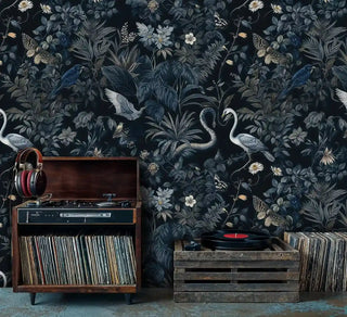 Vintage-style crane wallpaper with midnight garden theme, displayed behind retro record player and vinyl collection
