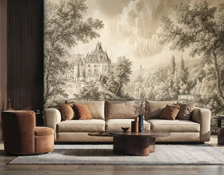 Vintage-style French castle wall mural in warm sepia tones, shown in contemporary living space with sectional sofa