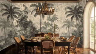 Vintage tropical paradise wallpaper with palms and foliage, shown in formal dining room with chandelier