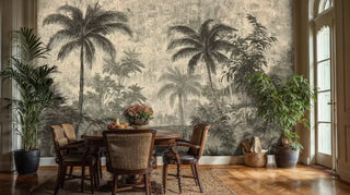 Vintage tropical wall mural with palm trees and lush foliage in sepia tones, shown in elegant dining room