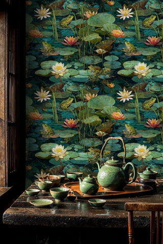 Water lily pond wallpaper with floating lily pads, coral lotus blooms, and frogs, in tea room with ceramic teapots