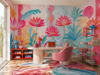 Watercolor tropical flower wall mural in pink and turquoise tones shown in a bright home office with orange shelf