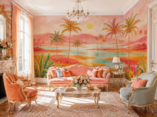 Watercolor tropical sunset wall mural in a classic living room with marble fireplace and pink sofa
