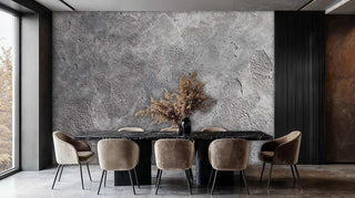 Weathered concrete wall mural with authentic texture details in grey tones, showcased in contemporary dining room space