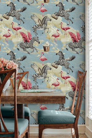 whimsical animal fantasy wallpaper in soft colors, shown in dining room with wooden chairs