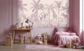 Whimsical animal wallpaper featuring pink elephants and zebras among palm trees in craft room with wooden desk and task lamp