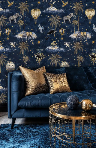 Whimsical celestial wallpaper with floating animals and hot air balloons, displayed in living room with blue sofa
