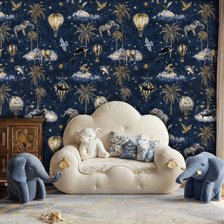 Whimsical celestial wallpaper with golden accents and floating creatures in elegant children's room