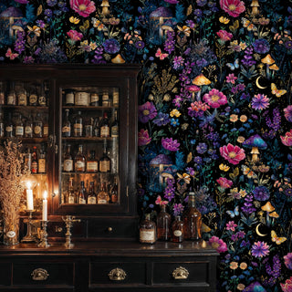 Whimsical floral wallpaper with mushrooms and wildflowers, displayed in cozy study with vintage liquor cabinet