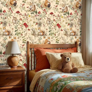Whimsical forest wallpaper with red mushrooms in traditional kids bedroom with wooden nightstand and teddy bear