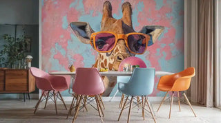 Whimsical giraffe wall mural with glasses and bubble gum on coral-turquoise background in modern dining room