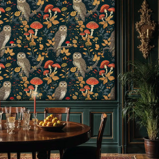 Whimsical owl wallpaper with forest mushrooms and leaves, displayed in an elegant dining room with round table