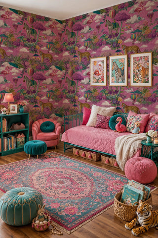Whimsical pink animal wallpaper with hot air balloons in a kids room with daybed and framed art prints