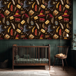Whimsical wizard elements wallpaper with hats and feathers, shown in modern nursery with wooden crib and brass lamp