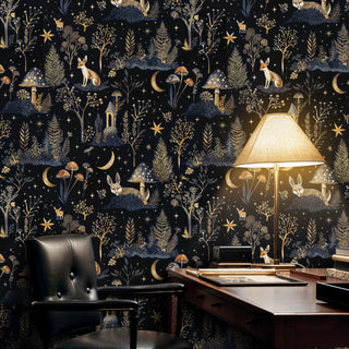 Whimsical woodland wallpaper showing foxes and mushrooms under starry sky, in cozy living room with fireplace