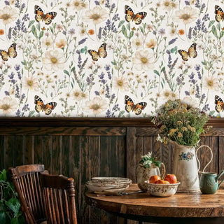 Wildflower butterfly wallpaper featuring cosmos, lavender sprigs, and monarch butterflies in a rustic kitchen with wood paneling