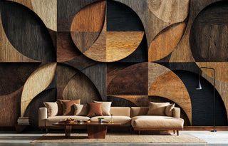 Wood texture geometric wall mural in brown and black, displayed in modern living room with floor lamp and sectional