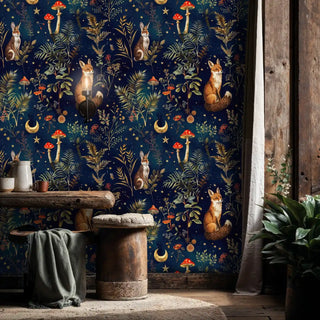 Woodland creature wallpaper with celestial elements displayed in rustic bathroom with wooden stool and natural textures
