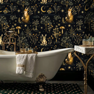 Woodland creatures wallpaper with stars and botanicals in luxury bathroom with clawfoot tub