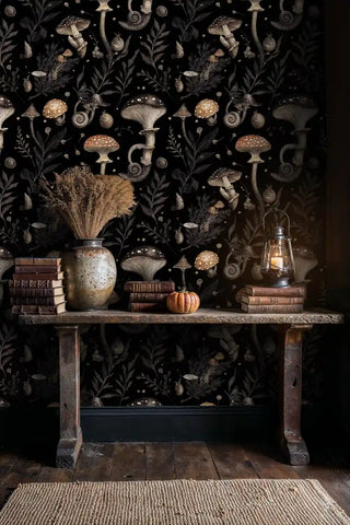 Woodland fungi wallpaper featuring intricate botanical details, displayed in rustic dining room with wooden table