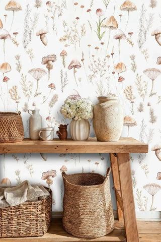 Woodland mushroom wallpaper with wild grasses and botanicals in earthy tones, displayed in rustic kitchen
