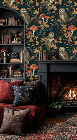 Woodland owl wallpaper with red mushrooms and golden leaves in cozy living room with fireplace