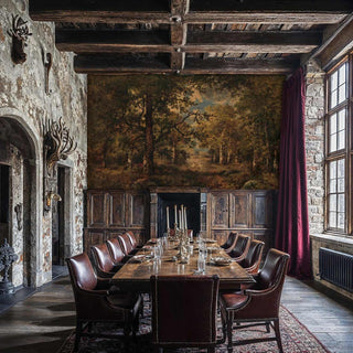 Woodland scene wall mural with golden canopy and forest path, shown in medieval dining hall with exposed beams